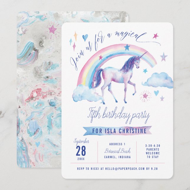 Unicorn Rainbow Birthday Party Invitation (Front/Back)