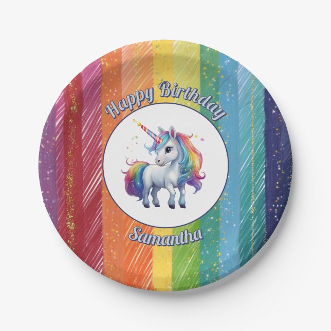Unicorn Rainbow Birthday Party Paper Plates (Front)