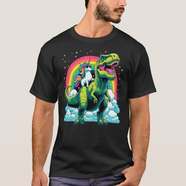 Unicorn Rainbow Birthday Party Unicorn Riding Dino T-Shirt (Front)