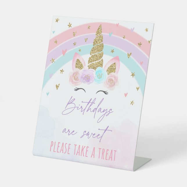 Unicorn Rainbow Birthday Treats Pedestal Sign (Front)