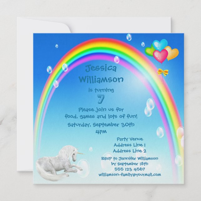 Unicorn, Rainbow Bubbles & Balloons Birthday Party Invitation (Front)