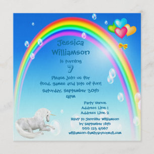 Unicorn, Rainbow Bubbles & Balloons Birthday Party Invitation