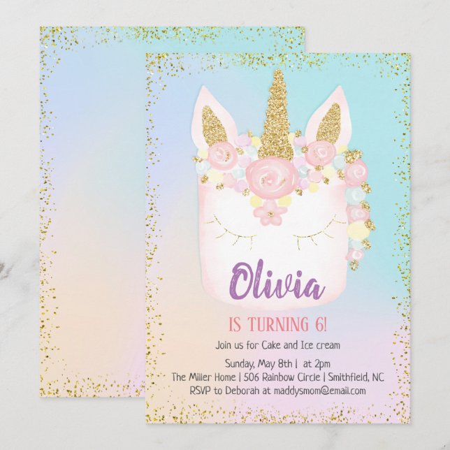 Unicorn Rainbow Cake Birthday Invitation (Front/Back)