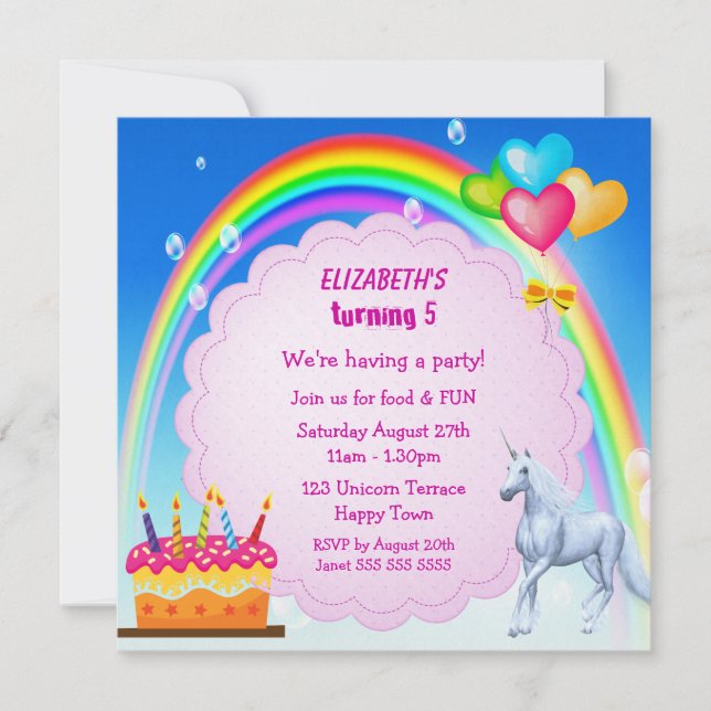 Unicorn, Rainbow & Cake Cute Birthday Party Invite (Front)