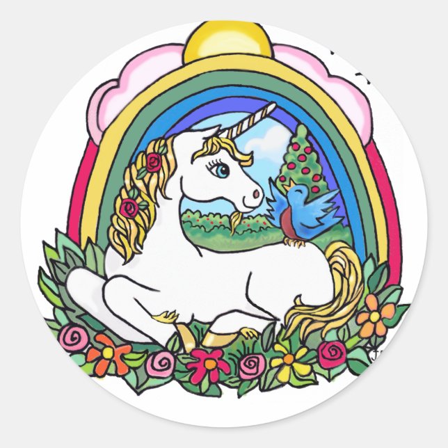 Unicorn & Rainbow Classic Round Sticker (Front)