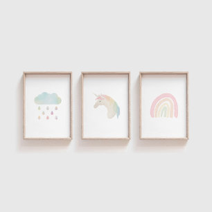 Unicorn, rainbow, cloud pastel set of 3 print