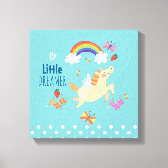 Unicorn Rainbow Clouds and Flowers Little Dreamer Canvas Print (Front)