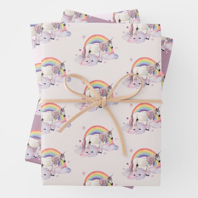 Unicorn Rainbow Clouds Pink FairyTale Party Girl Wrapping Paper Sheet (In situ)