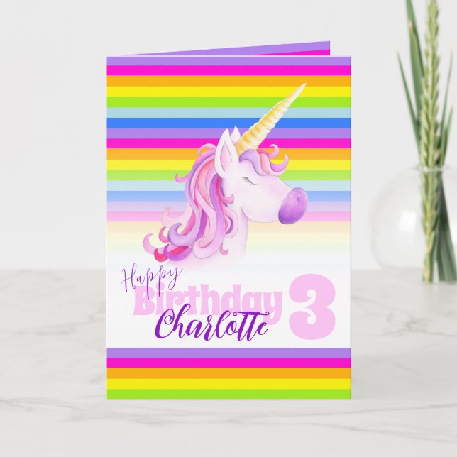 Unicorn rainbow colorful 3rd Birthday card (Front)
