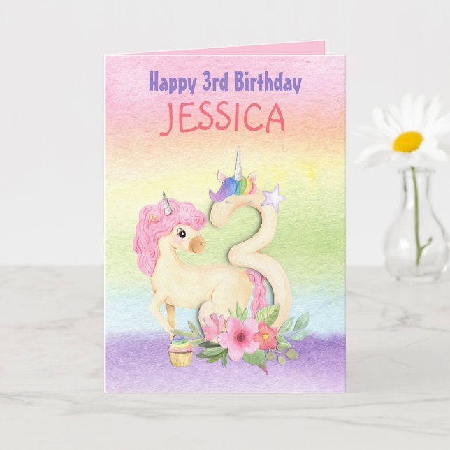 Unicorn Rainbow Colors 3rd Birthday Name Card (Small Plant)
