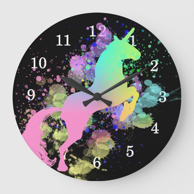 Unicorn Rainbow Colour Splash Fantasy Large Clock (Front)