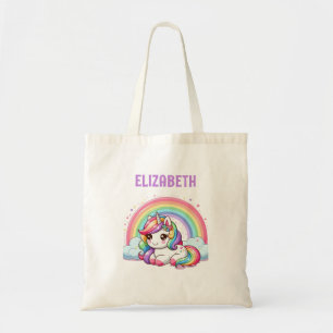 Unicorn Rainbow Colourful Personalised Name Girls Tote Bag