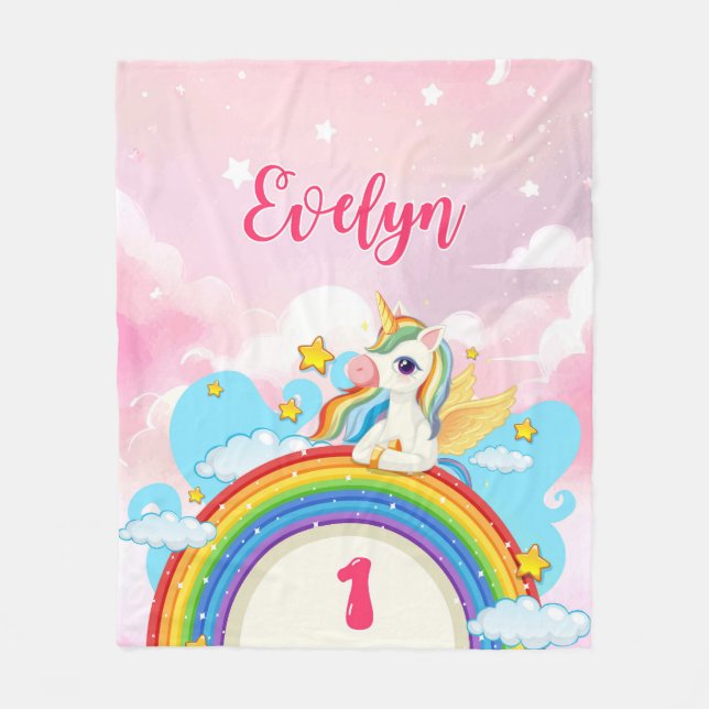 Unicorn Rainbow Design with Custom Name & Age Fleece Blanket (Front)
