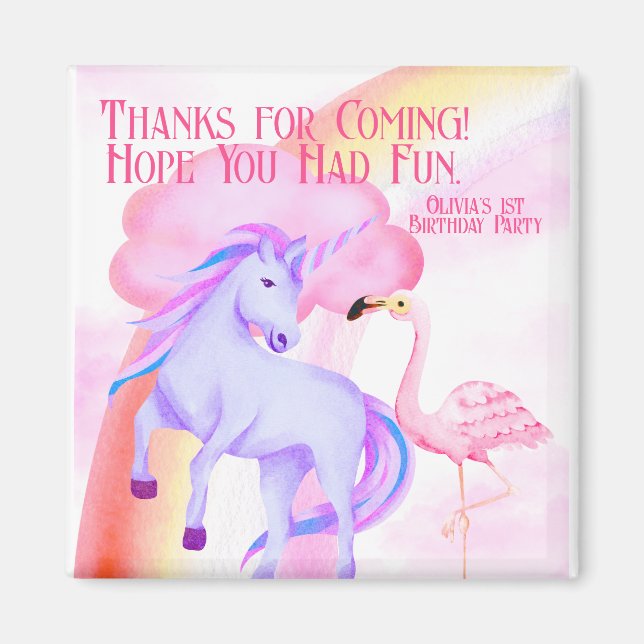 Unicorn Rainbow Flamingo Birthday Party Favour Magnet (Front)