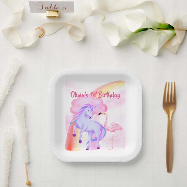Unicorn Rainbow Flamingo Girls 1st Birthday Paper Plate (Wedding)