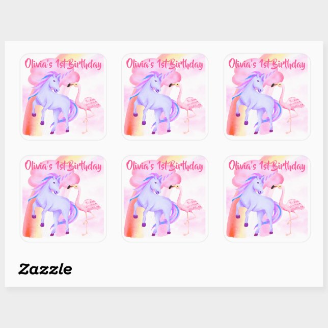 Unicorn Rainbow Flamingo Girl's 1st Birthday Square Sticker (Sheet)