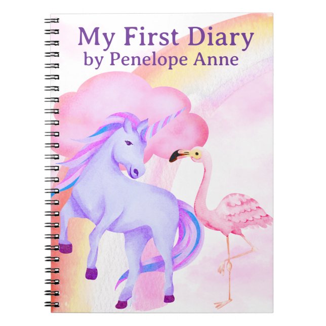 Unicorn Rainbow Flamingo Girls Diary Personalised Notebook (Front)