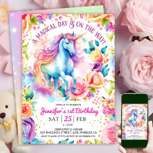Unicorn Rainbow Floral Bloom 1st Birthday Invitation