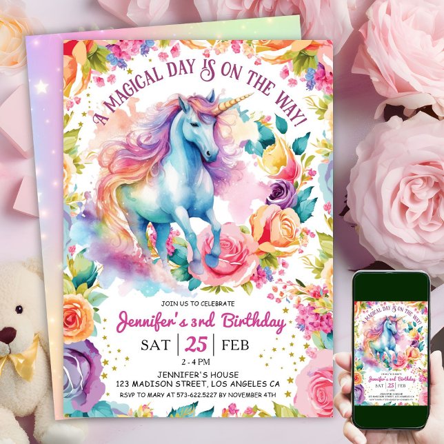 Unicorn Rainbow Floral Bloom | 3rd Birthday  Invitation (#UnicornBirthdayInvitation #UnicornBirthdayInvitationTemplate #UnicornBirthdayInvitationEditable
)