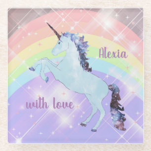 Unicorn, rainbow, for girls, children's, festive, glass coaster