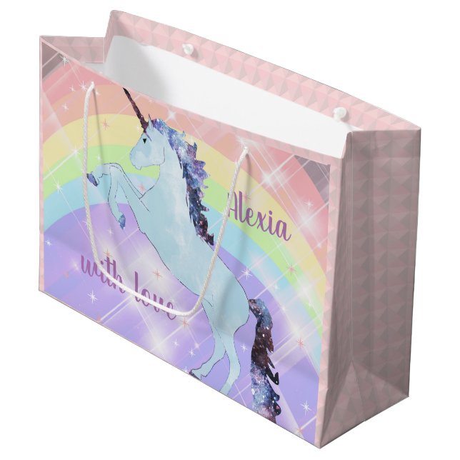 Unicorn, rainbow, for girls, children's, festive, large gift bag (Front Angled)