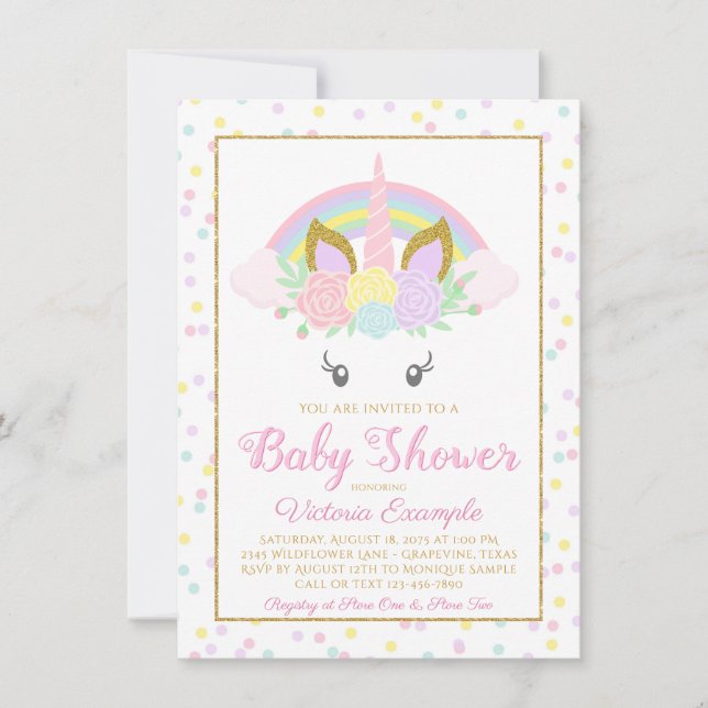 Unicorn Rainbow Girl Baby Shower Invitations (Front)