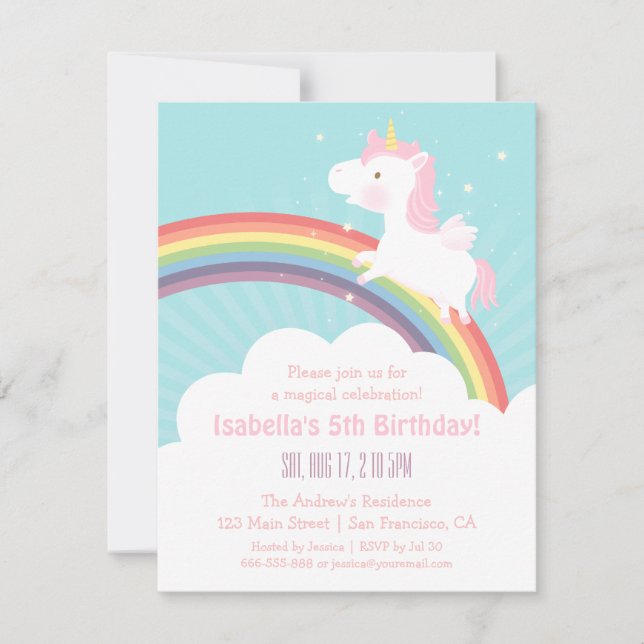 Unicorn Rainbow Girls Birthday Party Invitations (Front)