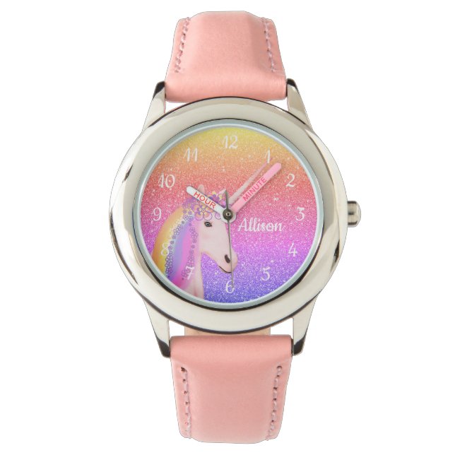 Unicorn Rainbow Glitter Blush Pink Personalised Watch (Front)