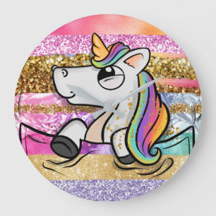 Unicorn rainbow glitter brush strokes girly large clock