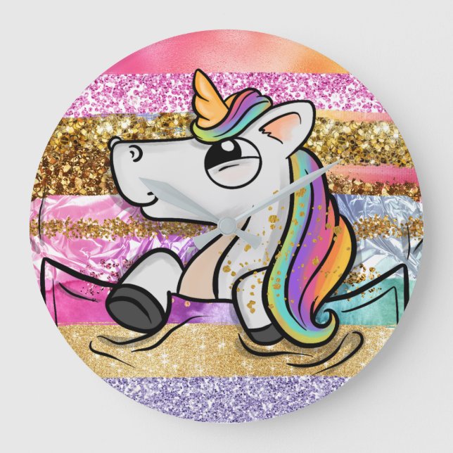 Unicorn rainbow glitter brush strokes girly large clock (Front)