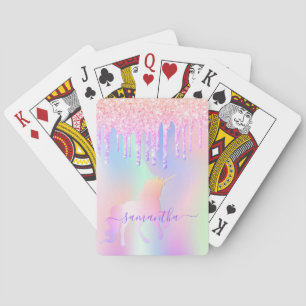 Unicorn rainbow glitter drips monogram playing cards