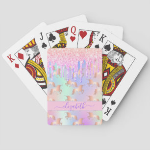 Unicorn rainbow glitter drips pink purple monogram playing cards