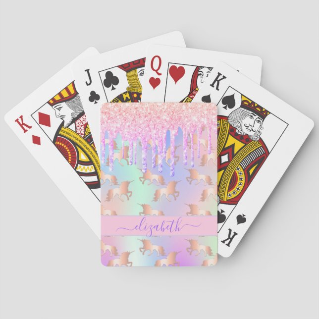 Unicorn rainbow glitter drips pink purple monogram playing cards (Back)
