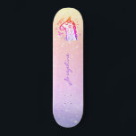 Unicorn rainbow glitter modern name personalised skateboard<br><div class="desc">Rainbow unicorn holographic pink faux glitter iridescent design skateboard.             Easy to personalise with your name in hand lettered signature style. Could be a cute gift for a teen girl on Sweet 16,  Quinceanera,  graduation,  birthday,  Christmas,  or any other occasion.</div>