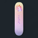 Unicorn rainbow glitter modern name personalised skateboard<br><div class="desc">Rainbow unicorn holographic pink faux glitter iridescent design skateboard.             Easy to personalise with your name in hand lettered signature style. Could be a cute gift for a teen girl on Sweet 16,  Quinceanera,  graduation,  birthday,  Christmas,  or any other occasion.</div>