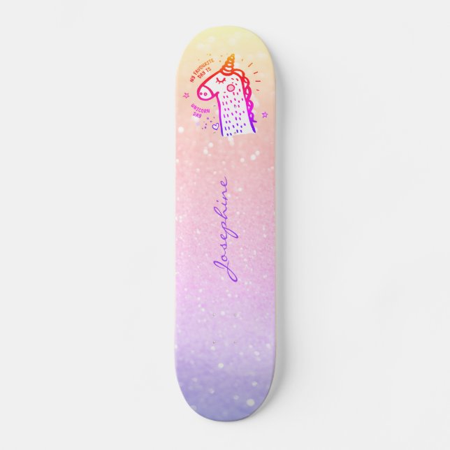 Unicorn rainbow glitter modern name personalised skateboard (Front)