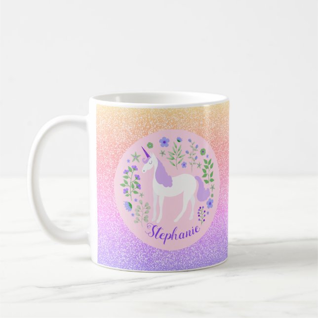 Unicorn Rainbow Glitter Personalised Name Coffee Mug (Left)