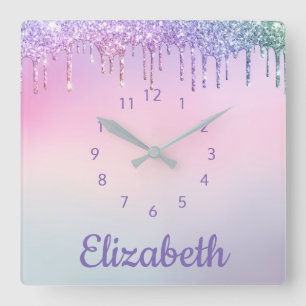 Unicorn Rainbow Glitter Personalised Square Wall Clock