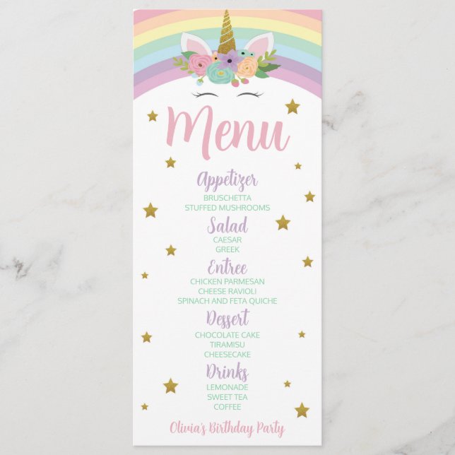 Unicorn Rainbow Glitter Stars Birthday Party Food Menu (Front)