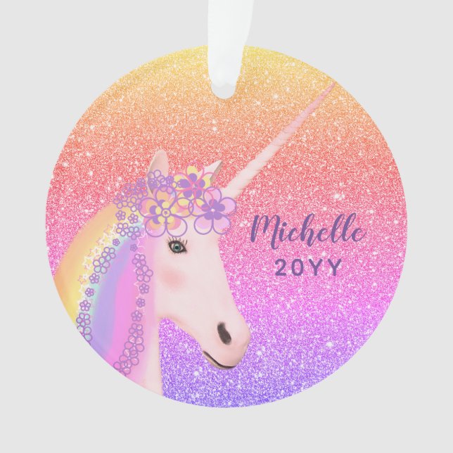 Unicorn Rainbow Glitter Stylish Kids Personalised Ornament (Front)