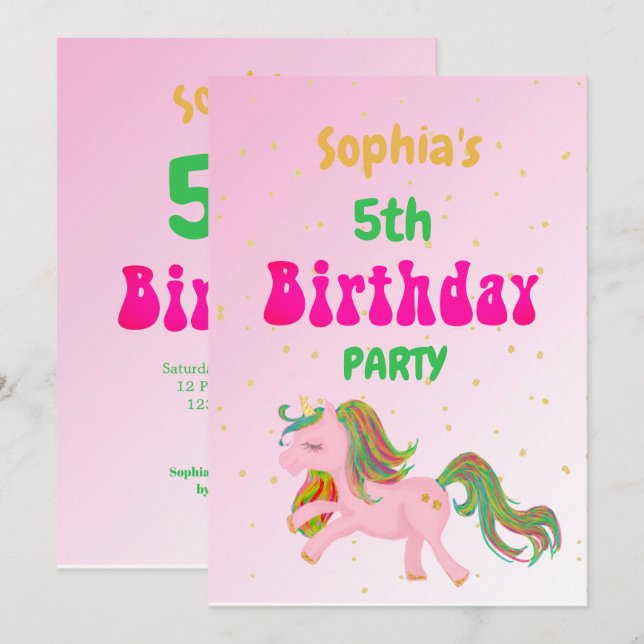 Unicorn Rainbow Gold Cute Birthday Invitation (Front/Back)