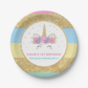 Unicorn Rainbow Gold Glitter Birthday Party Paper  Plate
