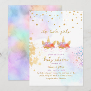 Unicorn Rainbow Gold Glitter Twin Girl Baby Shower Invitation