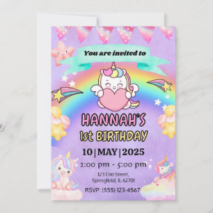 Unicorn Rainbow Invitation 1st Birthday Party