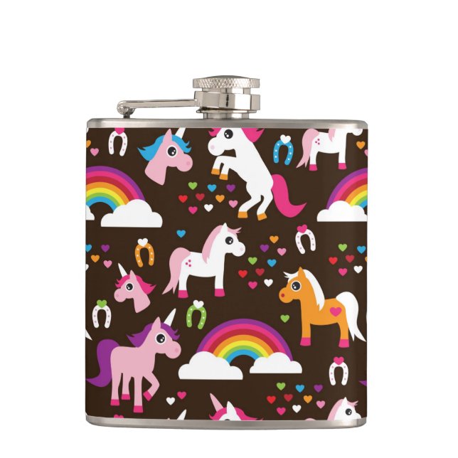 unicorn rainbow kids background horse hip flask (Front)