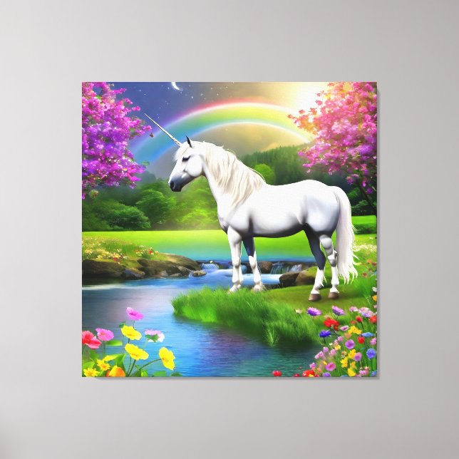 Unicorn Rainbow Landscape Flowers Four Canvas Print (Front)