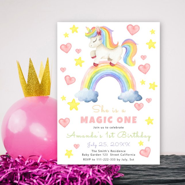Unicorn Rainbow Magic One First Birthday Invitation (Creator Uploaded)