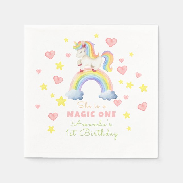 Unicorn Rainbow Magic One First Birthday Napkin (Front)