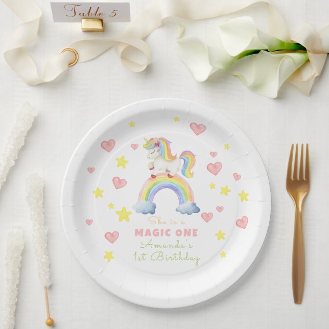Unicorn Rainbow Magic One First Birthday Paper Plate (Wedding)