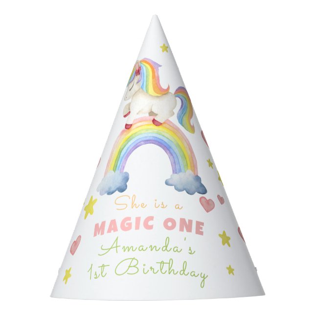 Unicorn Rainbow Magic One First Birthday Party Hat (Front)